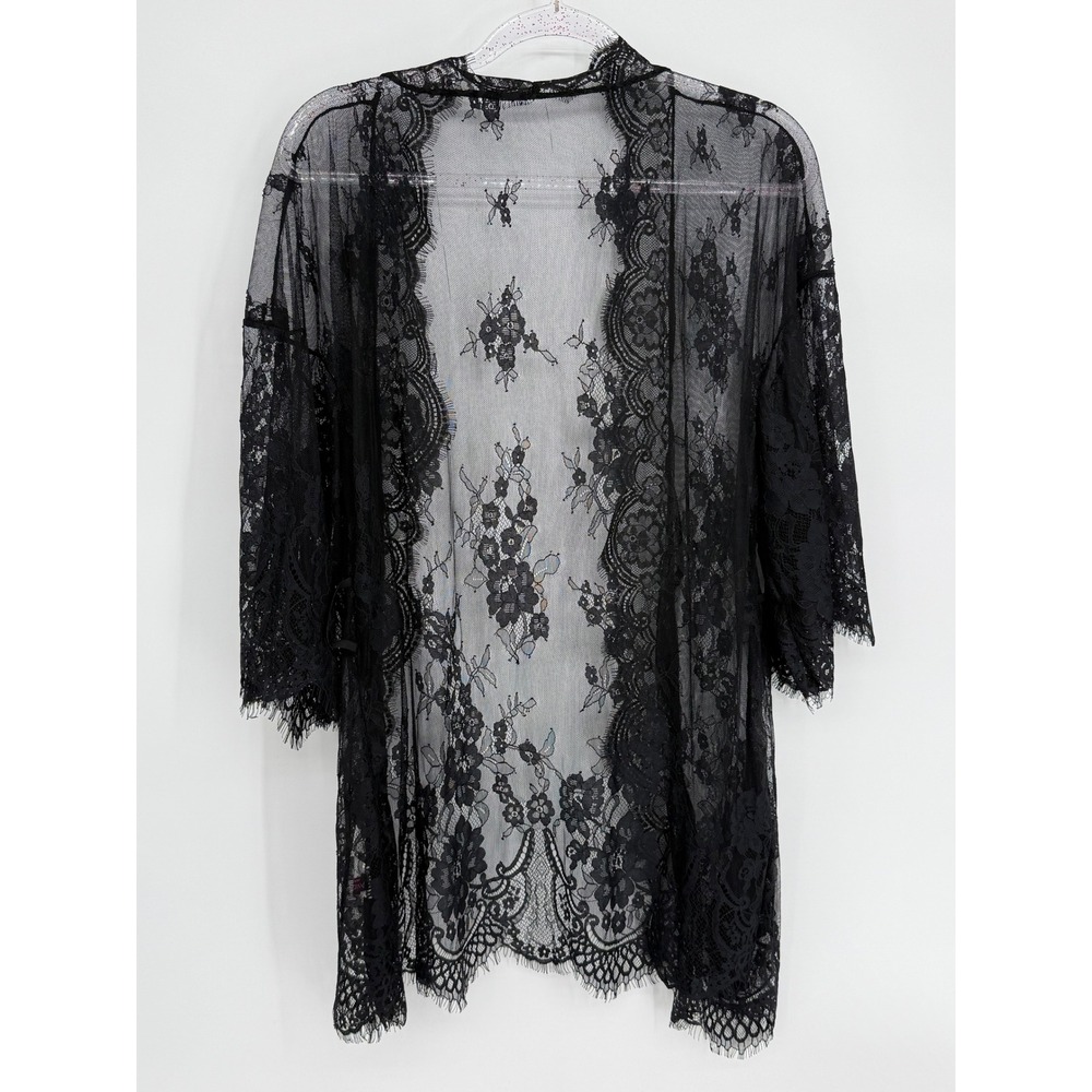 Avidlove Womens Black Floral Lace Sheer Kimono Robe Cover Up Eyelash Trim Sz M - Picture 4 of 9
